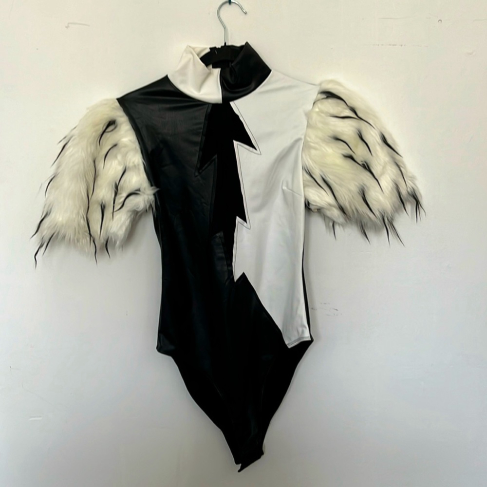 Forplay black white lightening bolt faux leather furry sleeves bodysuit costume